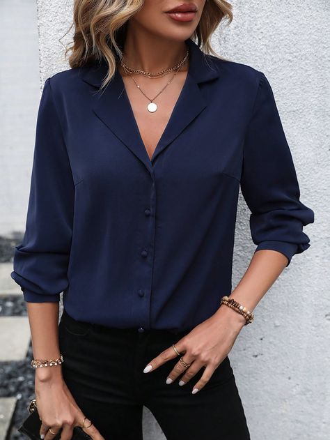 Navy Blue Elegant Collar Long Sleeve Woven Fabric Plain Shirt Embellished Non-Stretch  Women Clothing Navy Blue Button Down Shirt Outfit Women, Navy Blue Shirt Outfit Women, Navy Blue Shirt Outfit, Blue Shirt Outfits, Outfits Con Camisa, Blue Shirt Women, Dark Blue Shirt, Polished Casual, Navy Blue Shirt