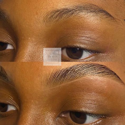 Thick Eyebrow Shapes For Round Faces, Arched Brows Natural, Eyebrows Shaping Black Women, Lamination Brows Before And After, Fluffy Brows Black Women, Laminated Brows Makeup, Brow Shape And Tint, Eyebrow Lamination Black Women, Laminated Eyebrows Black Women