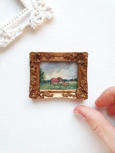 Miniature Horses Painting Mini Countryside Landscape Cute - Etsy Poland Miniature Horses, Horses Painting, Horse Illustration, Countryside Landscape, Victorian Dollhouse, Golden Frame, Miniature Horse, Mini Frames, Handmade Artwork