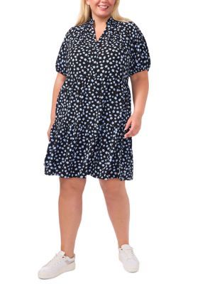 Featured in a babydoll silhouette with dainty blue florals, this dress from CeCe puts a mature spin on child-like whimsy. | CeCe Women's Plus Size Short Sleeve Split Neck Babydoll Dress, Black Plus Size, Babydoll Dress Black, Blue Florals, Plus Size Shorts, Babydoll Dress, Plus Clothing, Dress Black, Baby Dolls, Split