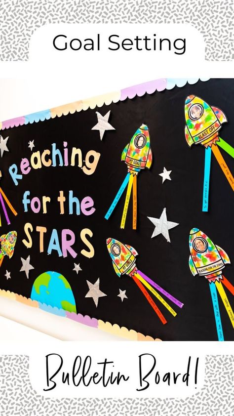 Universe Bulletin Board, Outer Space Bulletin Board Ideas Classroom Themes, Reaching For The Stars Bulletin Board, Out Of This World Bulletin Board, Space Back To School Theme, Outerspace Classroom Themes, Classroom Themes Space, Stars Theme Classroom, Out Of This World School Theme