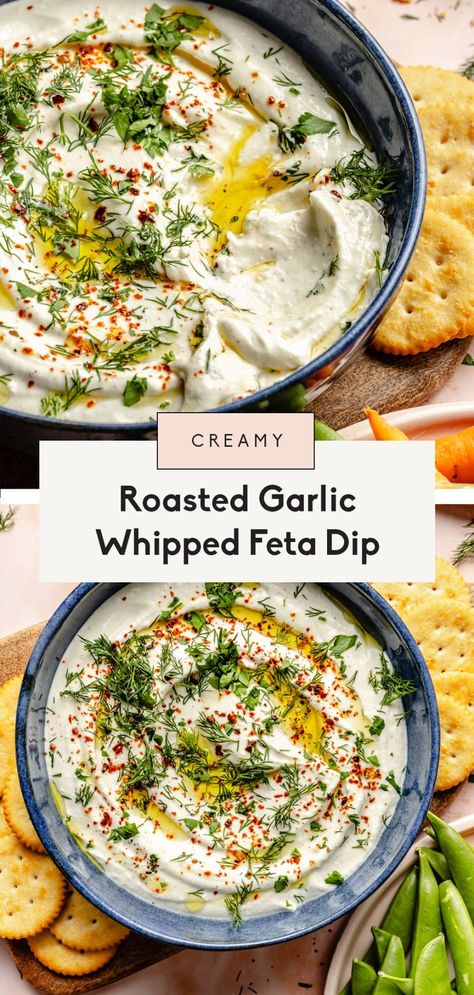 Creamy garlic feta dip made with a whole head of roasted garlic, protein-packed Greek yogurt, fresh lemon juice, and feta cheese. You'll love the savory, salty, tangy flavors whipped together in this easy garlic feta dip! Top with fresh herbs and serve with veggies, crackers, and more. Garlic Feta Dip, Cheese Sauces, Parmesan Roasted Potatoes, Garlic Dip, Ambitious Kitchen, Feta Dip, Whipped Feta, Garlic Pasta, Dinner Side Dishes