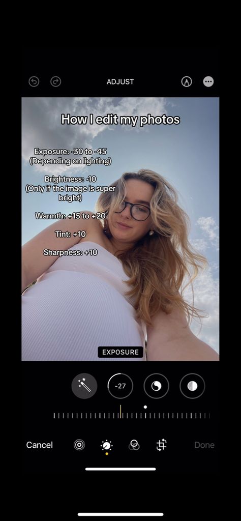 How to edit your photos to make them look clearer, crisp and more aesthetic Exposure: -30 to -45 depending on the lighting in the photo Brightness: -10 only if the photo is too bright Warmth: +15 to +20 depending on lighting and original warmth of the image Tint: +10 standard to make all images look cohesive Sharpness: +10 to make the image clearer but not too sharp/crisp Aesthetic photo filters, white minimal, summer photo aesthetic edits, iphone photo presents, easy photo editing Bright And Clean Photo Editing, Photo Brightness, Aesthetic Photo Filters, Clean Photo Editing, Crisp Aesthetic, Photos On Iphone, Lightroom Tutorial Photo Editing, Minimal Photo, White Minimal