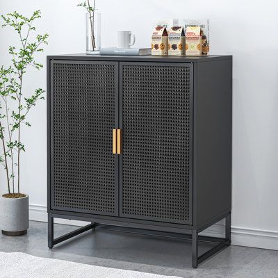 This 2-door accent cabinet creates a space that is both beautiful and functional, with ample storage space and a luxurious look that brings an artistic addition to your living room or den. Also, perfect for displaying and storing items in the kitchen, living room, office, or any other space. Color: Black | Ebern Designs Leilah Iron 2 - Door Accent Cabinet Wood / Metal in Black | 30.32 H x 29.53 W x 15.59 D in | Wayfair Door Accent Cabinet, Salon Suites, Door Accent, Iron Accents, Cabinet Wood, Accent Chests And Cabinets, Living Room Bookcase, Small Space Living Room, Accent Doors