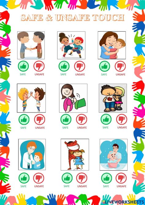 Body Safety Preschool Activity, Preschool Safety Worksheets, Child Safety Week Activities, Health And Safety Preschool, Safety For Preschoolers Activities, Good Touch Bad Touch Chart, Personal Safety Activities For Kids, School Safety Activities For Preschool, Good Touch Bad Touch Worksheet