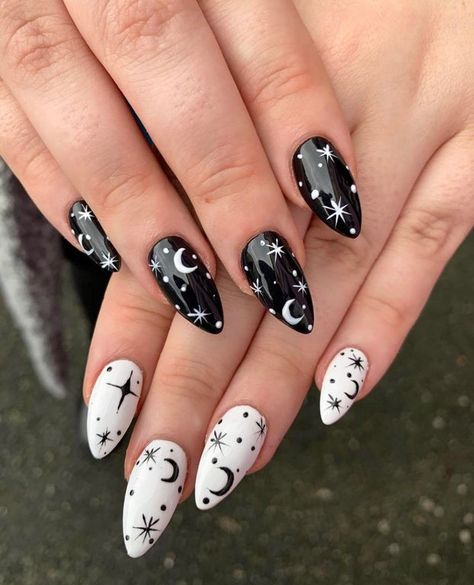 Black And White Nail, Black And White Nail Designs, Witch Nails, Witchy Nails, Short Almond, Goth Nails, Her Nails, White Nail Designs, Nagel Inspo