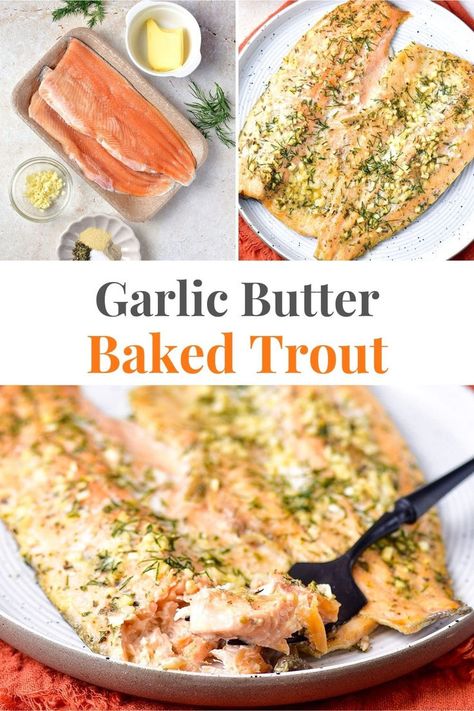 Garlic Butter Rainbow Trout Baked In The Oven Trout Recipes, Baked Rainbow Trout, Rainbow Trout Recipe, Trout Recipe, Recipe With Garlic, White Fish, Rainbow Trout, Salmon Fillets, Garlic Butter