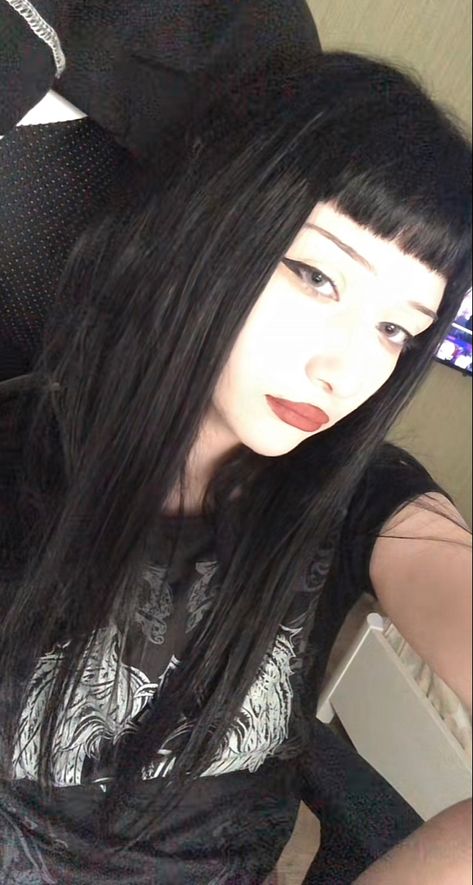 Long Black Dyed Hair, Goth Money Piece Hair, Black Long Hair Bangs, Haircuts With Micro Bangs, Black Hair With Micro Bangs, Black Hair With Bangs Aesthetic, Black Hair Straight Bangs, Short Goth Bangs, Emo Haircuts For Women