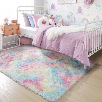 Rainbow Rugs For Girls Bedroom, Pastel Unicorn Room, Girl Room Area Rug, Girls Room Age 6, Pink And Blue Bedroom Decor, Unicorn Bedroom Decor Girl Rooms, Kids Bedroom Reading Corner, Unicorn Room Decor Kids Girls Bedroom, Kid Rugs