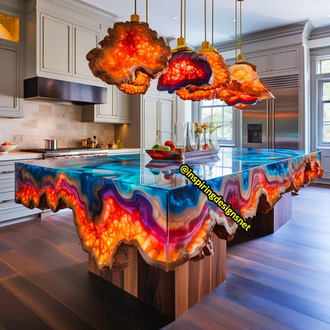 Geode Countertop, Epoxy Furniture Ideas, Diy Resin Furniture, Diy Resin Wood Table, Resin Kitchen, Wood Resin Table, Glamorous Interiors, Fantasy Furniture, Wood And Epoxy