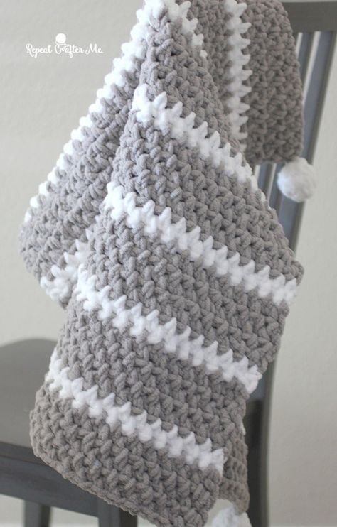 Quick and Easy Bernat Moss Stitch Baby Blanket - Repeat Crafter Me Crochet Chunky Throw Blanket, Yarn Bee Chunky Crochet Patterns Free, Full Size Crochet Blanket Pattern, Crochet Patterns For Chenille Yarn, Parfait Chunky Yarn Patterns, Triple Crochet Blanket, Crochet 2 Color Blanket, Bernet Blanket Yarn Crochet Patterns, Gender Neutral Crochet Blanket