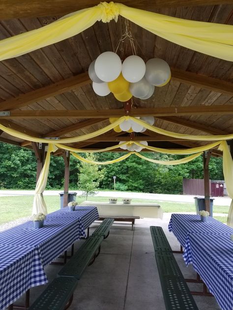 Outdoor Party Decorations Windy, Balayage, Decorating Park Pavilion Birthday Party Ideas, Pavillion Party Ideas, Carport Party Decorations, Party In The Park Decorations, Family Reunion Park Decorations, Park Pavilion Decor, Party At Park Decorations
