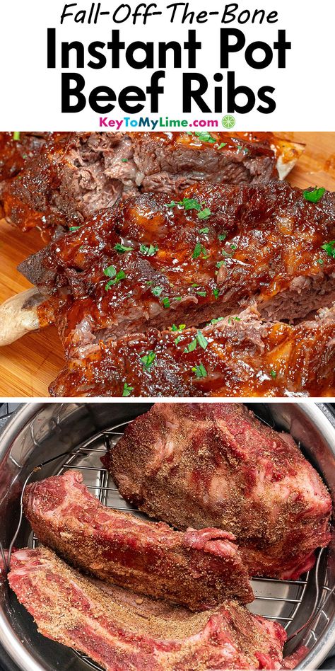 Two images of Instant Pot beef ribs, with title text at the top. Ribs In The Pressure Cooker, Ribs In Pressure Cooker Recipe, Instant Pot Beef Back Ribs Bone In, Ribs In A Pressure Cooker, Ribs In Instapot Recipe, Instant Pot Beef Back Ribs, Instant Pot Barbecue Ribs, Western Style Ribs Instant Pot, Beef Ribs Recipe Instant Pot