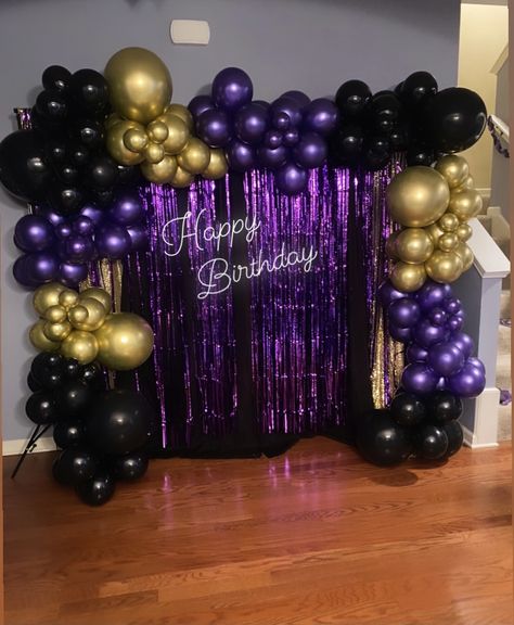 Black Purple Decorations Party, 60th Birthday Purple And Gold, Purple Black Gold Balloon Garland, Purple Black Gold White Balloon Arch, Gold Black And Purple Party Decorations, Purple Black Party Theme, 60th Birthday Purple Theme, Purple Black And Gold Birthday Theme, Dark Purple Birthday Decorations