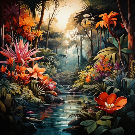 Tropical Scenery Painting, Jungle Flowers Drawing, Jungle Art Painting, Painting Jungle, Jungle Tattoo, Jungle Painting, Jungle Flowers, Tropical Art Print, Jungle Scene