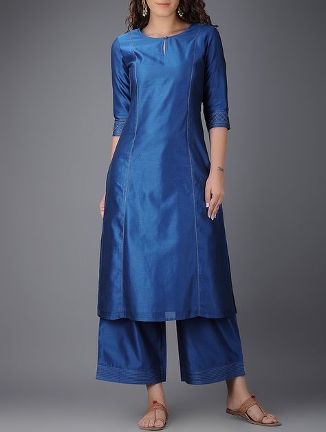 Blue Round Neck Chanderi Kurta on Jaypore.com Plain Kurti Designs, Kurtha Designs, Design Kurta, Silk Kurti Designs, Chanderi Kurta, Kurta Patterns, Churidar Designs, Simple Kurta Designs, Kurti Patterns