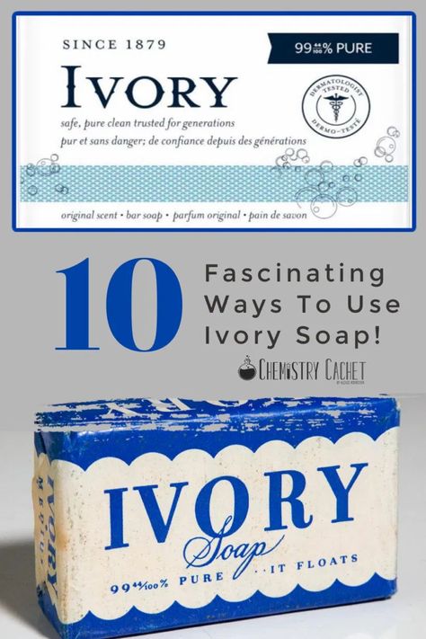 Ivory soap has been around since the 1800s, but it is still absolutely amazing to use around your home! You can use it for your skin, cleaning, laundry, and more! Get the awesome history, science, and neat ways to use Ivory soap today on Chemistry Cachet Ivory Soap For Bugs, Ivory Soap Uses, Zote Soap Uses, Homemade Makeup Brush Cleaner, Ivory Bar Soap, Zote Soap, Natural Soaps Recipes, Skin Cleaning, Easy Soap Recipes