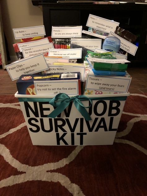 Funny new job survival kit New York Survival Kit, Farewell Survival Kit, Survival Kit Gifts For Coworkers, Good Luck At New Job Gift, Quitting Job Party Ideas, New Job Care Package Gift, Farewell Party Ideas Coworker, Back To Work Gift Ideas, Congratulations New Job Gift Baskets