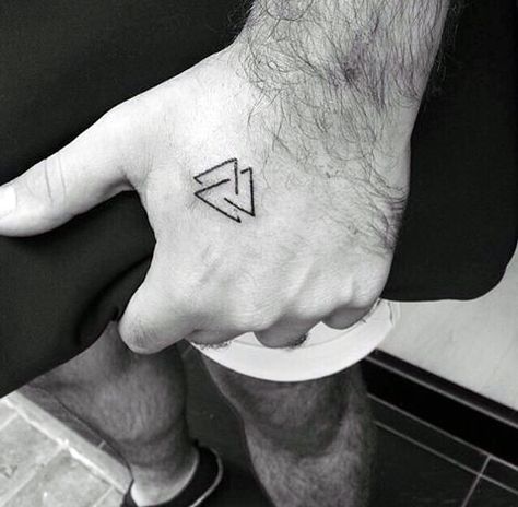 Small Triple Triangle Tattoo On Hands For Men                                                                                                                                                                                 More Triangle Tattoo Design, Tattoo Word, Triangle Tattoos, Small Tattoos Simple, Small Hand Tattoos, Small Tattoos For Guys, Boy Tattoos, Temporary Tattoo Designs, Small Tattoo Designs