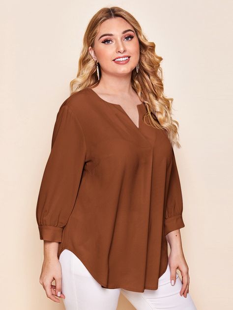 Rust Brown Basics  Three Quarter Length Sleeve Polyester Plain Tunic Embellished Slight Stretch Spring/Fall Plus Size Tops Plain Tunic, Curved Hem Top, Fancy Shirt, Work Wear Outfits, Fall Blouse, Ladies Blouse Designs, Traje Casual, Plain Blouse, Trendy Fashion Tops