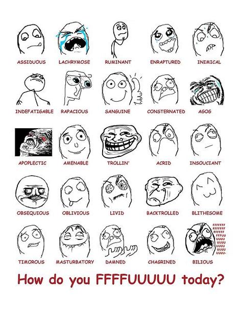 Good for teaching emotions and GRE vocabulary Funny Templates, Meme List, Rage Meme, Human Smile, Troll Meme, Tumblr Face, Rage Faces, I Miss You Guys, Forever Alone