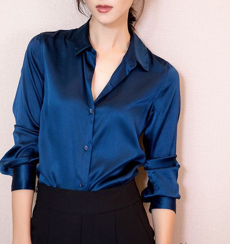 S-XXXL Fashion women Dark blue satin silk blouse ladies casual long sleeve button Turndown Collar real silk satin blouses shirts Satijnen Blouses, Satin Blouse Shirts, Blue Shirt Outfits, Blue Shirt Women, Women Work Blouse, Dark Blue Shirt, Satin Bluse, Shirt Outfit Women, Satin Blouses