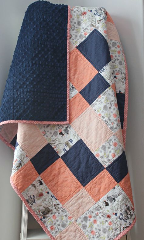 Pink And Blue Quilt Ideas, Baby Quilt Ideas Girl, Navy And Coral Bedding, Quilt Color Ideas, Baby Girl Quilt Ideas, Coral Quilt, Quilts Handmade, Coral And Navy, Modern Baby Quilt