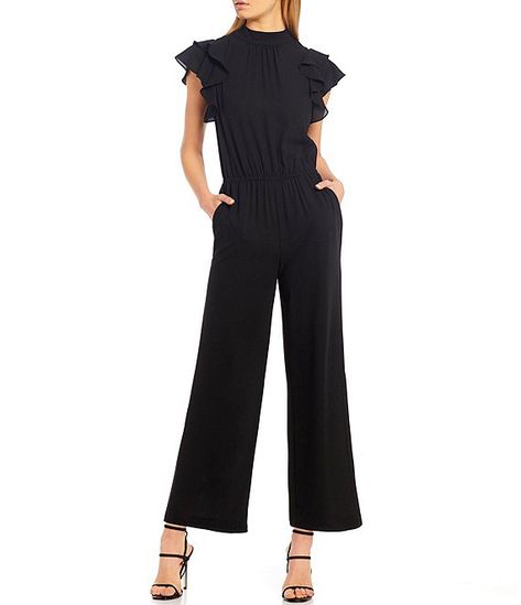 Flutter Sleeve Mock Neck Ruffle Jumpsuit #Sponsored #Mock, #sponsored, #Sleeve, #Flutter Black Jumpsuit Wedding, Black Jumpsuit Outfit Night, Summer Funeral Outfit, Dressy Jumpsuit Outfit, Black Jumpsuit Outfit, Business Wardrobe, Winter Coat Dress, Funeral Outfit, Petite Jumpsuit