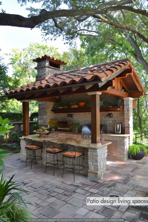 Affordable Backyard Patio Home Decor Ideas | Home layout | Water feature | Home Decor Style Hacienda, Hacienda Homes, Home Layout, Hacienda Style Homes, Outdoor Kitchen Plans, Outdoor Kitchen Ideas, Backyard Fireplace, Backyard Pavilion, Backyard Kitchen