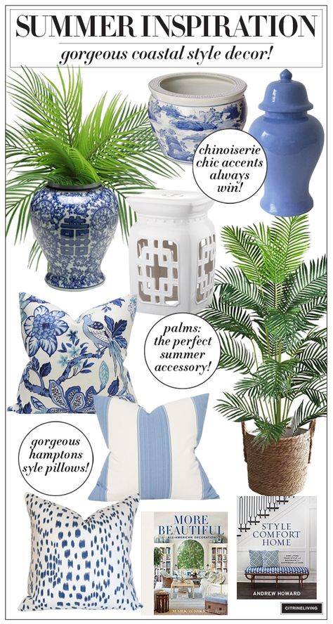 Blue And White Asian Decor, American Coastal Style, Asian Coastal Decor, Summer Coastal Decor, Summer Decor Living Room, Blue And White Coastal Living Room, Hamptons Style Decor Coastal Chic Beach Houses, Spring Decorating Ideas For The Home Living Room, Coastal Grandmother Decor