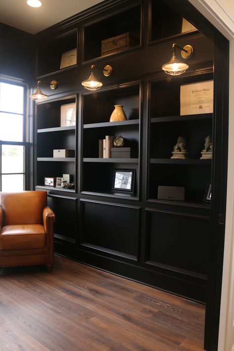 Black And White Library Room, Office With Tall Bookshelves, Office Shelf Styling Masculine, Home Office Black Bookshelves, All Black Office Interior Design, Bookshelves In Office Study, Black Bookcase Office, Black Built In Bookcase Office, Bookshelves In Living Room Vaulted Ceiling