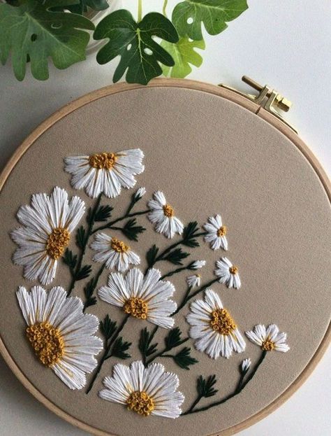 Embroidery Hoop Art | Modern Embroidery Hoop Art | Embroidery Hoop Art For Home And Wall Décor Modern Embroidery Flowers, Embroidery Guide For Beginners, White Flower Embroidery Designs, Embroidery Large Flowers, All White Embroidery, Embroidery On Colored Fabric, White Embroidery Flowers, Embroidery White Flowers, White Flowers Embroidery