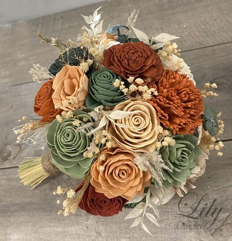 Earthy Tone Wedding Decor, Fall Wood Flowers, Wood Flower Wedding Bouquet, Solawood Flowers Wedding Ideas, Eucalyptus Corsage, Wooden Flower Bouquet, Sage Eucalyptus, Faux Pampas, Wood Flower Bouquet