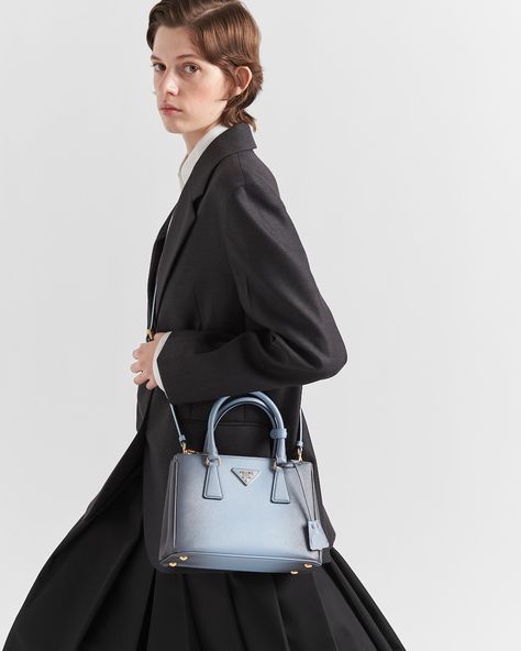 Blue Prada Bag, Prada Outfits, Prada Double Bag, Prada Galleria Bag, Ombre Bag, Gradient Light, Prada Galleria, Metal Lettering, Leather Key Ring