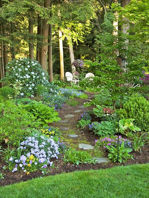 Two Men and a Little Farm: WOODLAND LANDSCAPING, INSPIRATION THURSDAY Shade Landscape, Reka Bentuk Landskap, Small Cottage Garden Ideas, Shade Garden Design, Backyard Pond, Gardening Design, Pond Ideas, Desain Lanskap, Unique Garden