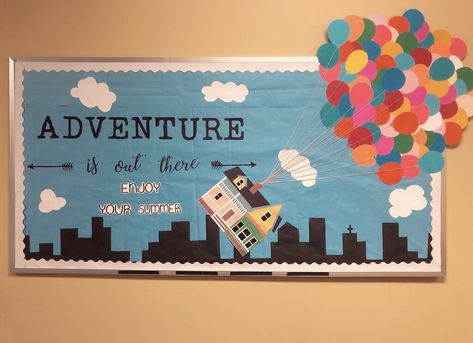 UP inspired bulletin board ♥️ June Bulletin Boards, June Bulletin Board Ideas, Movie Bulletin Boards, June Bulletin Board, Blue Bulletin Board, Disney Bulletin Boards, Elementary School Bulletin Boards, New Year Ideas, Up Bulletin Board