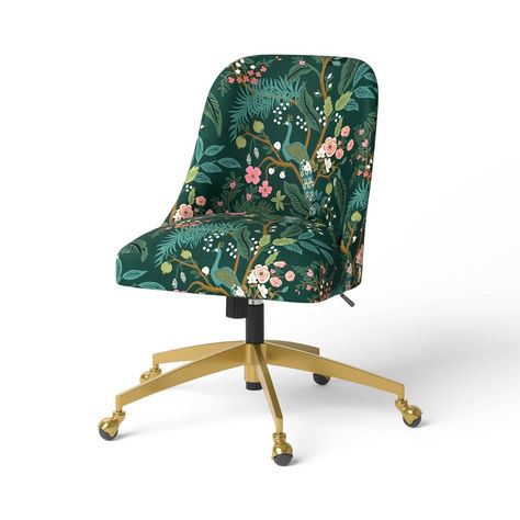 This Desk Chair from Rifle Paper Co. x Target will add unique style to your home office. This armless chair features brass-tone metal legs, rolling casters and floral upholstery. The padded seat and back covered in soft fabric help keep you comfortable, and the unique look makes for a charming focal point in your space. Rifle Paper Co. is a stationery and lifestyle brand based in Winter Park, Florida, founded in 2009 by husband-wife team Nathan and Anna Bond. Anna’s hand-painted illustrations an Furniture Hardware, Target Desk, Moody Office, Office With A View, Upholstered Desk Chair, Target Furniture, Tiny Office, Green Desk, Floral Upholstery