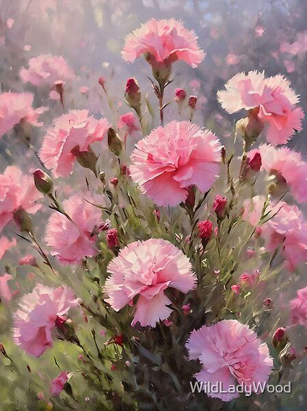 Field of pink carnations, acrylic art style. by WildLadyWood | Redbubble Carnation Field, Carnations Aesthetic, Carnation Aesthetic, Carnations Painting, Carnation Dianthus, Painting Carnations, Carnation Painting, Pretty Flowers Pictures, Carnation Tattoo