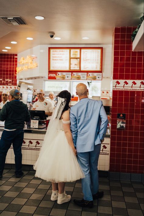 Gas Station Wedding Photos, In N Out Wedding Photos, Wedding Picture Aesthetic, Quirky Engagement Photos, In N Out Wedding, Non Traditional Wedding Photos, Elopment Ideas, Alternative Engagement Photos, Retro Elopement