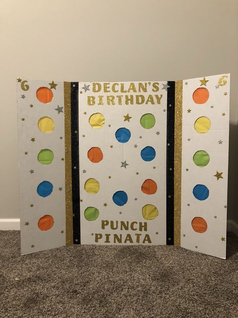 We love to make our own punch piñatas for birthday parties.  So so easy! Activities For Indoor Birthday Party, Diy Punch Pinata, Easy Crafts For Birthday Parties, Pinata Punch Board, 2nd Birthday Party Games Indoor, Indoor Pinata Ideas, 2nd Birthday Games Activities, Punch Pinata Diy, Preschool Party Activities