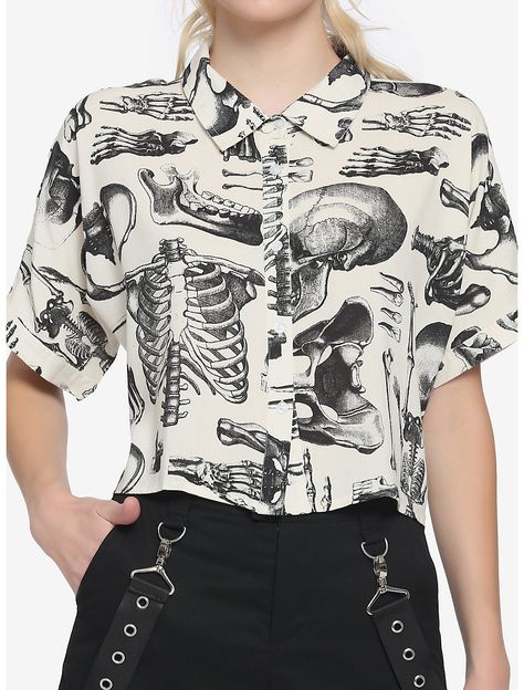 Anatomical Skeleton Sepia Boxy Girls Crop Woven Button-Up Crop Top And Button Up Shirt Outfit, Skeleton Themed Outfit, Funky Collared Shirts, Funky Button Up Shirt Outfit, Outfits With Button Ups, Crop Top Button Up Shirt Outfit, Cropped Collared Shirt Outfit, Fun Button Up Shirt, Button Up Shirt Outfit Women