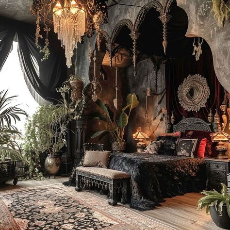 Enigmatic Boho Hideaway: Dark Bedroom Retreat with Lush Greenery and Chandelier Boho Gothic Home Decor, Pirate Home Decor, Dark Boho, Boho Bedroom Ideas, Dark Bedroom, Diy Apartment, Dark Home Decor, Bedroom Decor Inspiration, Goth Home