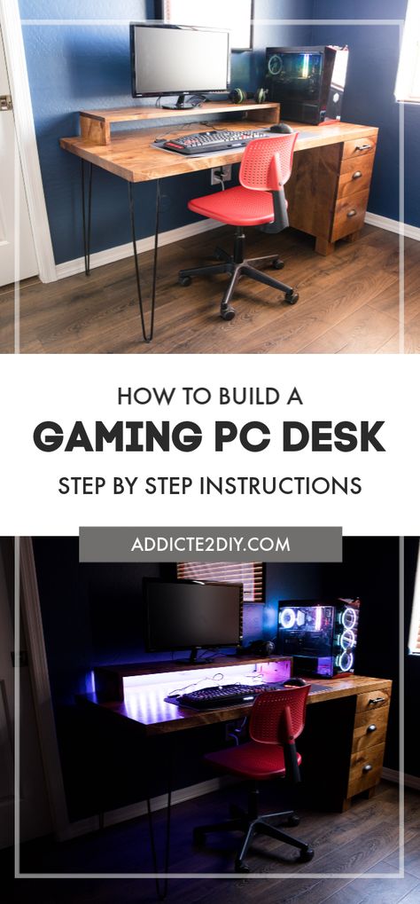 Learn how to build this modern industrial gaming computer desk following the step by step tutorial and printable plans.  This table is great for PC gaming as well as just a regular office desk. Pc Table Design, Gaming Computer Table, Gaming Computer Room, Custom Gaming Computer, Computer Table Design, Gaming Computer Setup, Game Computer, Pc Gaming Desk, Computer Desk Design