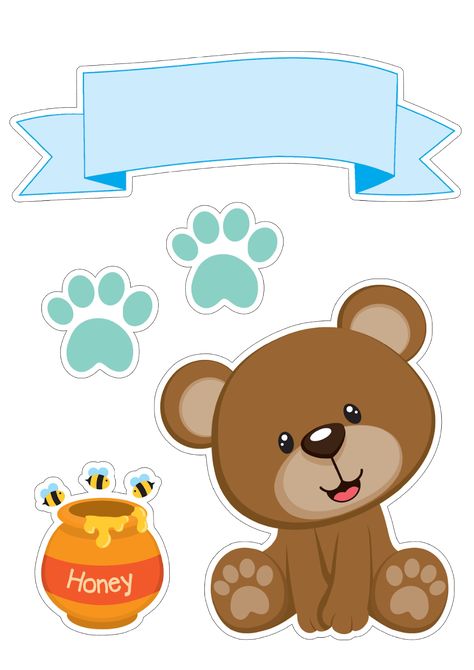 Bear Boy with Honey Free Printable Cake Toppers. - Oh My Baby! Paddington Bear Party, Bear Baby Shower Cake, Baby Boy Cake Topper, Cake Topper Printable, Teddy Bear Cartoon, Bear Baby Shower Theme, Bear Cake Topper, Teddy Bear Party, Teddy Bear Theme