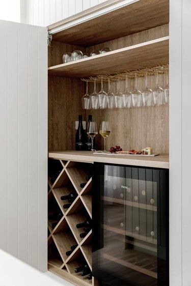 Bar Cabinet Farmhouse, Bar Pantry Design, Oak Bar Cabinet, Wine Bar Home Ideas, In Home Wine Bar, Kitchen Bar Fridge, Wine Cabinet Ideas Built Ins Kitchen, Bar Design In Home, Kitchen Fridge Layout