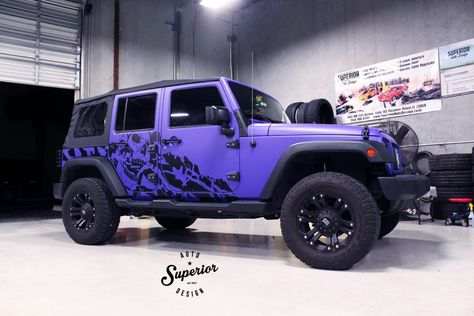 Jeep Wrangler getting a full makeover with wrap and powder coat! - Superior Auto Design Colorful Jeep Wrangler, Jeep Wrangler Wrap Ideas, Wrapped Jeep Wrangler, Jeep Wrangler Purple, Purple Jeep Wrangler, Jeep Wrangler Colors, Blue Jeep Wrangler, White Jeep Wrangler, 2023 Jeep Wrangler