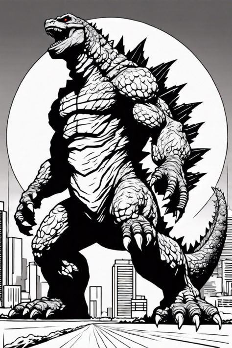 Dive into the monstrous fun with this free printable coloring page of Godzilla the fierce titan. Unleash your inner artist and let the giant lizard roam wild on your canvas! Godzilla Printables, Godzilla Coloring Pages Free Printable, Godzilla Coloring Pages, Giant Lizard, Tall Buildings, Dinosaur Coloring Pages, Dinosaur Coloring, Godzilla Vs, Sky Color