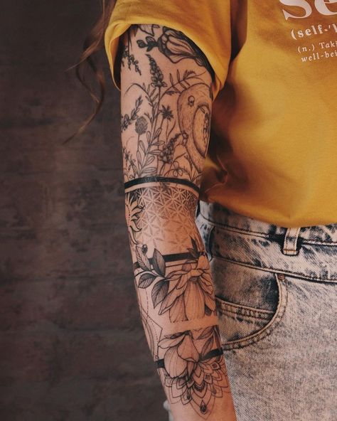 Fem Sleeve Tattoo, Cool Women Sleeve Tattoos, Transition Tattoo Sleeve, Open Tattoo Sleeve, Tattoo Sleeve Nature Women, Sleeve Tattoo Inspo For Women, Bohemian Forearm Tattoo Women, Tattoo Designs Unique Half Sleeves Women, Unique Boho Tattoos