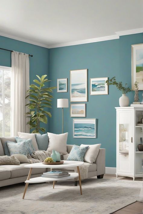 Step into the coastal vibes with Oceanside (AF-460)! Dive deep into the best paint choices for 2024 as we explore a daily routine for interior designers. #Ad #homedecor #homedesign #wallpaints2024 #Painthome #interiorarchitecture Wall Colors Green Living Room Colors Bright Living Room Colors Apartment Renovation Living room Remodeling Modern Paint Colors 2024 Interial Designing Room, House Inside Color Ideas, 2 Tone Living Room Walls, Coastal Wall Paint, Relaxing Living Room Colors, Teal Family Room, Teal Office Decor Ideas, Small Room Paint Ideas, Living Room With Blue Walls