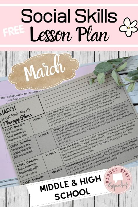 Check out the free March Social Skills Group Lesson Plan for middle school students!  This month, we're focusing on the social filter, conversation skills and perspective-taking.  Includes youtube links and activity ideas.  #socialskillsgroups #middleschool #pragmatics #teletherapy Middle School Counseling Lessons, High School Speech Therapy, Social Skills Lessons, Middle School Counseling, School Counseling Lessons, Middle School Lesson Plans, School Speech Therapy, High School Activities, Social Skills Groups